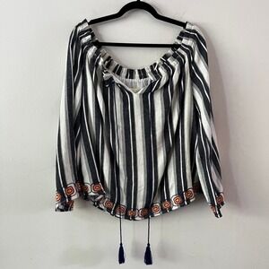 J.O.A. Off-Shoulder Linen Blend Striped Embroidered Top size large‎